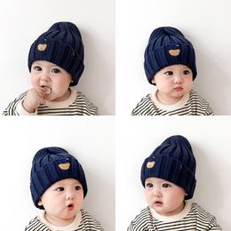 M639 New Autumn Winter Baby Kids Knitted Hat Bear Embroidery Cap Children Skull Beanies Earmuffs Boys Girls Warm Hats 5M-3Y