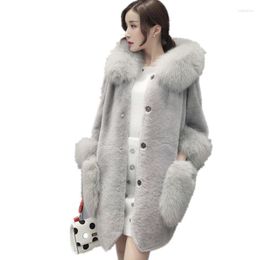 Women's Fur Vetement 2024 Women Winter Coat High Imitation Faux Collar Hooded Jacket Medium-long Overcoat S-4XL