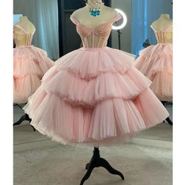 Charming Pink Tulle Homecoming Dresses Ruffles Illusion Off Shoulder Crystal Custom Made Tail Party Gowns Short Prom Dress 328 328