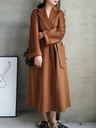 Women's Wool Blends Water Ripple Double-Sided 100% Wool Coat Women Bathrobe Style Autumn/Winter Lace Up Tie Loose Long Woollen Jackets 230828
