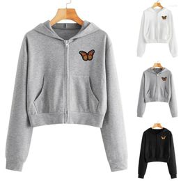 Women's Hoodies Crop Tops For Women Teen Girls Embroidery Butterfly Casual Long Sleeve Zipper Pocket Shirt Hooded Sweatshirt Jacket