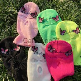 Stingy Brim Hats Pink Butterfly Ski Mask Knitted Face Balaclava Full Face Mask For Women Be The Change Mbroidery Caps Men Party Outdoor Sports CS J230829