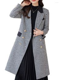 Women's Suits High Quality Autumn Winter Ladies Long Blazer Women Black Grey Striped Triple Breasted Female Casual Jacket Coat
