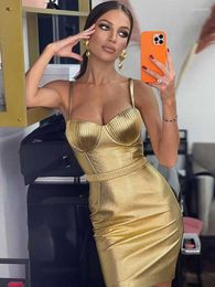 Casual Dresses Ailigou High Quality Golden Tight Dress Ladies Party 2023 Autumn Thin Strap Midi Celebrity