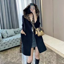 Designer Top Quality Woolen hooded Long Trench Coat Fashion Full Of Letter F Print On Both Sides Wear Loose Belted Woolen Coat