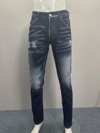 Men's Jeans 2023 Spring/Summer Fashion Water Wash Worn Hole Patch Speckled Ink 3D Cutting Small Feet Deep Blue Men