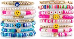 LieToi Preppy Heishi Bracelets Set Colorful White Gold Smile Heart Star Evil Eye Beaded Polymer Clay Pearl Stackable Charm Y2K Kidcore Summer Beach Bohemian Layerin