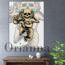 Skeleton Astronaut Canvas Painting Funny Cool Retro Poster Wall Art Modern Prints Modular Picture For Man Bedroom Living Room Bar Home Decor Gift No Frame Wo6