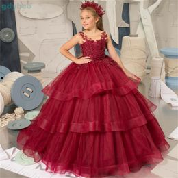 Girl Dresses Burgundy Flower Dress Lotus Leaf Layer Wedding Party Ball Gown Bow Tulle Kids Birthday Floor Length Princess