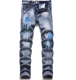 Mens jeans Distressed Motorcycle biker jean Snake embroidery Rock Skinny Slim Ripped hole stripe Fashionable pants 2023