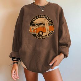 WoSan Francisco California Print Women Sweatshirts Vintage Buses Oversized Crewneck Tops Woman Drop-shoulder Pullovers Sweatshirts 230828