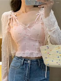 Women's Tanks Women Lace Japanese Kawaii Sweet Tank Tops Pink Print Lolita Vintage Party Vest Ladies Slim Bow Beach Casual Cute Corset