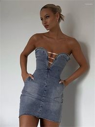 Casual Dresses WJFZQM Street Style Denim Backless Bodycon Dress Fashion Sexy Off Shoulder Blue Mini Party Women Y2K 2023 Summer