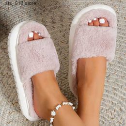 Women New Slipper Soft 2024 Winter Single Band Heel Platform Fur Warm Indoor Lady Open Toe Fluffy Home Slippers T230828 357 s