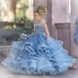 Girl Dresses Flower Dusty Blue Tulle Ruffled Sleeveless Design For Wedding Princess First Communion Gowns