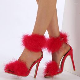 Sandals Feather Heel Open Toe Leather Women's Fashion Mule Buckle High Heels