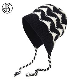 Beanie/Skull Caps FS Winter Women Black White Knitted Hat Outdoor Ear Protection Versatile Woollen Hats Fashion Long Decorative Band Warm Beanie 230829