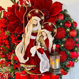 Decorative Flowers 2024 Jesus Christmas Wreath For Front Door Gold Window Wall Decorations Garland Ornament Guirnalda Navidad