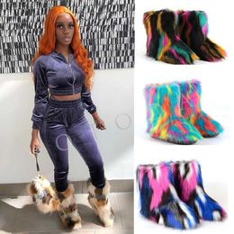 Boots New Winter Women Fur Boots Woman Fluffy Furry Faux Fur Snow Boots Female Plush Outside Flat Shoe Ladies Warm Slip On Ankle Boots T230829