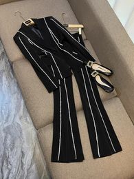 2023 Autumn Black Hollow Out Rhinestone Two Piece Pants Sets Long Sleeve Notched-Lapel Single-Button Blazers & Flare Pants Suits Set Two Piece Suits O3G142295