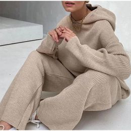 Women's Two Piece Pants Autumn Knitted Sweat Suits Women Matching Sets Long Sleeve HoodieWide-Legged Pants Loungewear Sweater Set Two Piece Outfits 230829