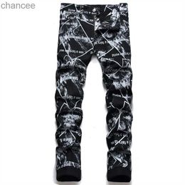 Men Letters Digital Print Jeans Fashion Black Stretch Denim Pants Slim Skinny Tapered Trousers HKD230829