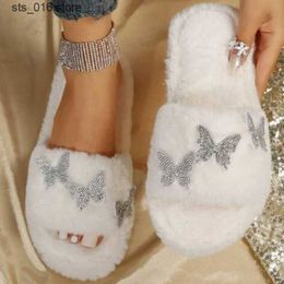 Double Women Band New Winter Butterfly Rhinestones Decor Slipper Soft Heel Fur Platform Warm Open Toe Fluffy Home Slippers T230828 701 s