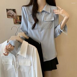 Women's Blouses Autumn Loose Turn-down Collar Zipper Women Shirt Pockets Patchwork Solid Color Split Long Sleeve Fashion Versatile Elegance