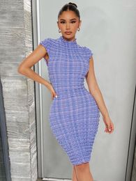 Casual Dresses Women Purple Sexy Sleeveless Plaid Print O-Neck Bodycon Dress Summer Fashion Pleated Elastic Pullover Line Up Mini