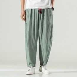 Men's Pants Loose Breathable Linen Straight Tube Bloomers Summer Casual Drawstring Soild Plus Sized Harem Trousers Male