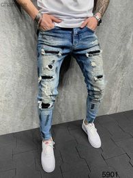 Blue Skinny Jeans for Men Painted Stretch Slim Fit Ripped Distressed Pleated Knee Patch Denim Pants Brand Casual Trouser Male HKD230829