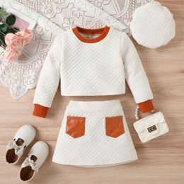 Clothing Sets Girls autumn winter children s clothing with cotton plaid round neck hat jumper matching Colour patch bag A skirt set 230828