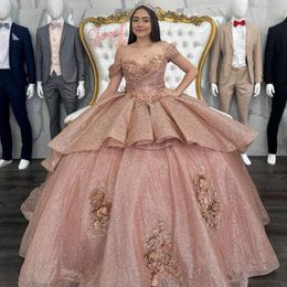 2024 Sparkly Rose Gold Princess Ball Gown Quinceanera Dresses Elegant Straps Appliques 3DFlower Crystal Sweet 16 Dress