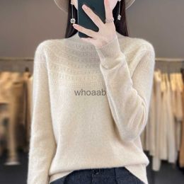 Autumn And Winter New 100% Wool Lined Readymade Garment Hollow Out Women's Half Height Pullover Cashmere Sweater Knitted Sweater HKD230829