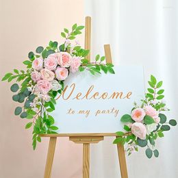 Decorative Flowers 2pcs Artificial Wedding Backdrop Wreath Decor Welcome Card Sign Corner Wall Props Arrange Arch Fake Flower Row