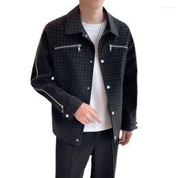 Men's Jackets Autumn Zipper Jacquard Leather Jacket Streetwear Fashion Loose Casual Vintage Male Motorcycle