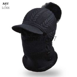 Stingy Brim Hats Winter Women Knitted Balaclava Cap With Brim Solid Colour Knit Hats Scarf Mask Hat Plus Fleece Thicken Warm Beanies Hat Pom J230829