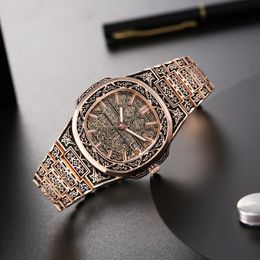 Wristwatches Fashion Luxury Brand Vintage Men Quartz Watches Flower Pattern Carving Wristwatch erkek kol saati 230828