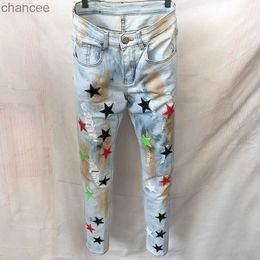Fall Multicoloured Leather Star Patchwork Ripped Hole Design Stretchy Jean Hip Hop Style Trouser For Men Panel Jean Jeans Males HKD230829