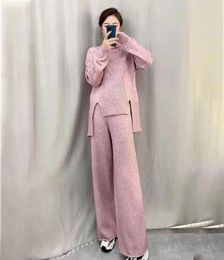 Women's Two Piece Pants Autumn And Winter Thick Needle Solid Colour Knitting Suit Two-piece 2023 Casual Fashion Loose Wide Leg