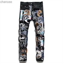 Mens Light Luxury Stretch Jeans Letters Embroidery Decors Slim-fit Black Jeans Stylish Casual Jeans Youth Sexy Cool Must; HKD230829