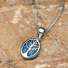 Pendant Necklaces Female Cute Tree Of Life Oval Blue Fire Opal Necklace Silver Color Bride Link Chain For Women Wedding Jewelry