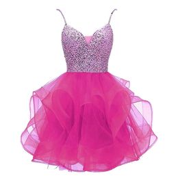 Homecoming Dresses Organza V-Neck Spaghetti Straps Beaded Short Graudation Cocktail Prom Party Gown