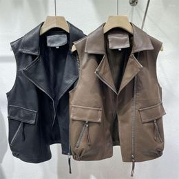 Women's Vests Women Leather Vest Sleeveless Jacket Turn-down Collar Pockets Colete Feminino PU Waistcoat Coat