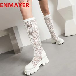 Boots Breathable Sexy Lace Pattern Stitching Pu Womens Knee Polyurethane Sole Back Zipper Mesh Flower Summer Cool Long 230829