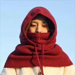 Stingy Brim Hats New Women's Winter Beanie Women's Knitted Hooded Scarf Balaclava Windproof Warm Scarf Hooded Collar Pull Rope Ear Protection Cap J230829