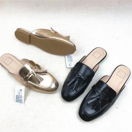 Slippers Fringe Casual Mules For Women 2023 Female Shoes Loafers Slides Cover Toe Luxury Soft Flat PU Leisure Basic Fashion