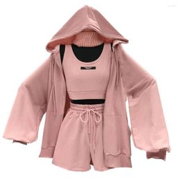 Women's Tracksuits 1 Set Simple Sports Jacket With Hat Polyester Women Hoodie Three Pieces Coat Drawstring Shorts Vest