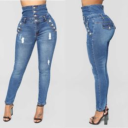 Plus Size Women's Elasticity High Waist Jeans Butt Lift 3 Button Slim Fit Skinny Ripped Holes Denim Pants S-3XL L230829