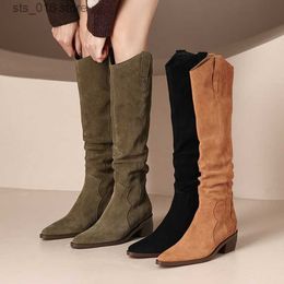 Long Autumn Women Winter Chunky Heels Knee High Green Black Ladies Shoes Brand Knight Boots T